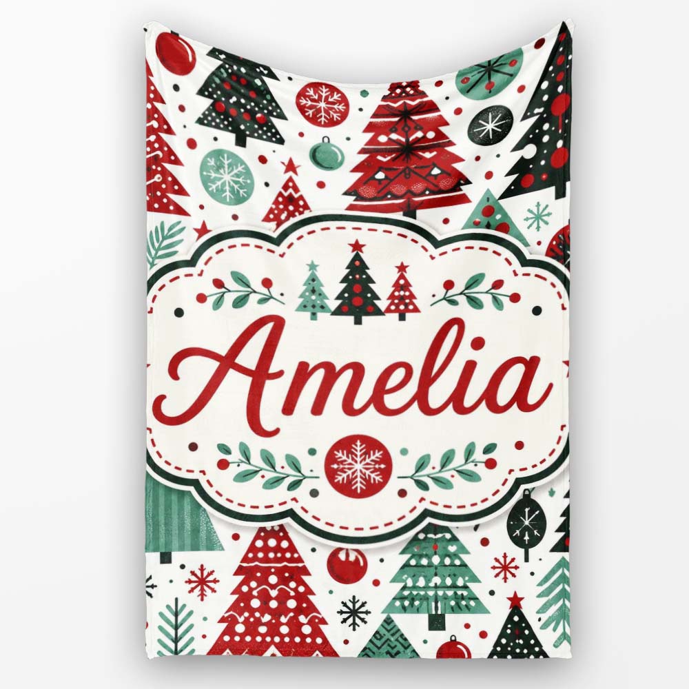 Festive Christmas Trees Red Green Baubles Snowflakes Seamless Lovely  Personalised Custom Name Super Soft Fleece Blanket Bed Sofa Throw