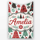 Festive Christmas Trees Red Green Baubles Snowflakes Seamless Lovely  Personalised Custom Name Super Soft Fleece Blanket Bed Sofa Throw