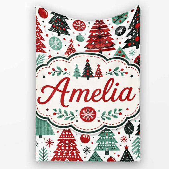 Festive Christmas Trees Red Green Baubles Snowflakes Seamless Lovely  Personalised Custom Name Super Soft Fleece Blanket Bed Sofa Throw