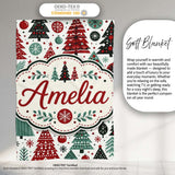 Festive Christmas Trees Red Green Baubles Snowflakes Seamless Lovely  Personalised Custom Name Super Soft Fleece Blanket Bed Sofa Throw