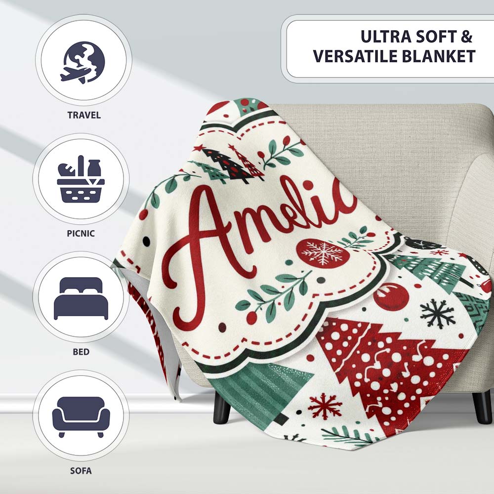 Festive Christmas Trees Red Green Baubles Snowflakes Seamless Lovely  Personalised Custom Name Super Soft Fleece Blanket Bed Sofa Throw