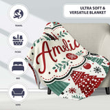 Festive Christmas Trees Red Green Baubles Snowflakes Seamless Lovely  Personalised Custom Name Super Soft Fleece Blanket Bed Sofa Throw