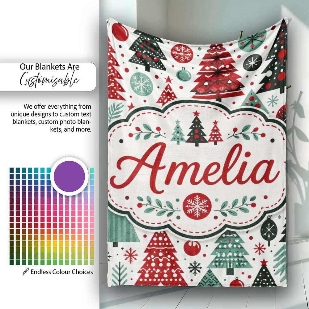 Festive Christmas Trees Red Green Baubles Snowflakes Seamless Lovely  Personalised Custom Name Super Soft Fleece Blanket Bed Sofa Throw