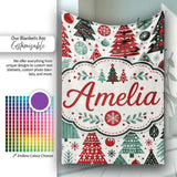 Festive Christmas Trees Red Green Baubles Snowflakes Seamless Lovely  Personalised Custom Name Super Soft Fleece Blanket Bed Sofa Throw