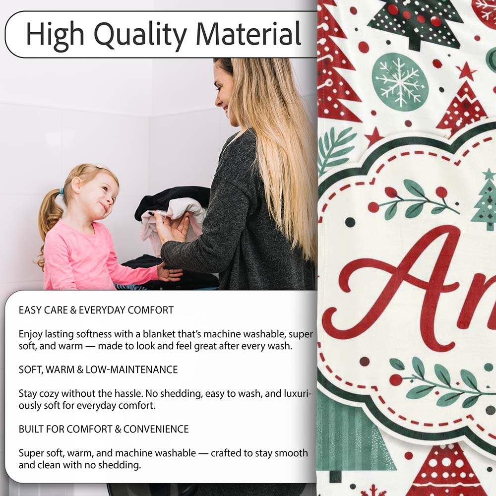 Festive Christmas Trees Red Green Baubles Snowflakes Seamless Lovely  Personalised Custom Name Super Soft Fleece Blanket Bed Sofa Throw
