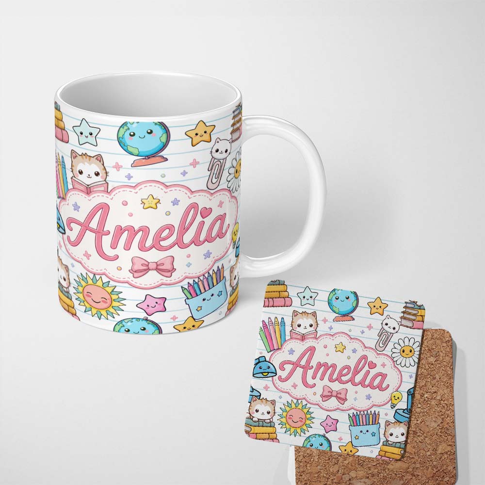 Personalized Custom Name Cute Kawaii School Cat Books Stationery Seamless Pattern Blue Lines 11oz Ceramic Coffee Tea Mug White Large Handle
