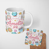 Personalized Custom Name Cute Kawaii School Cat Books Stationery Seamless Pattern Blue Lines 11oz Ceramic Coffee Tea Mug White Large Handle