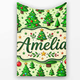 Cartoon Christmas Trees Green Ornaments Cute Holiday Seamless Lovely  Personalised Custom Name Super Soft Fleece Blanket Bed Sofa Throw