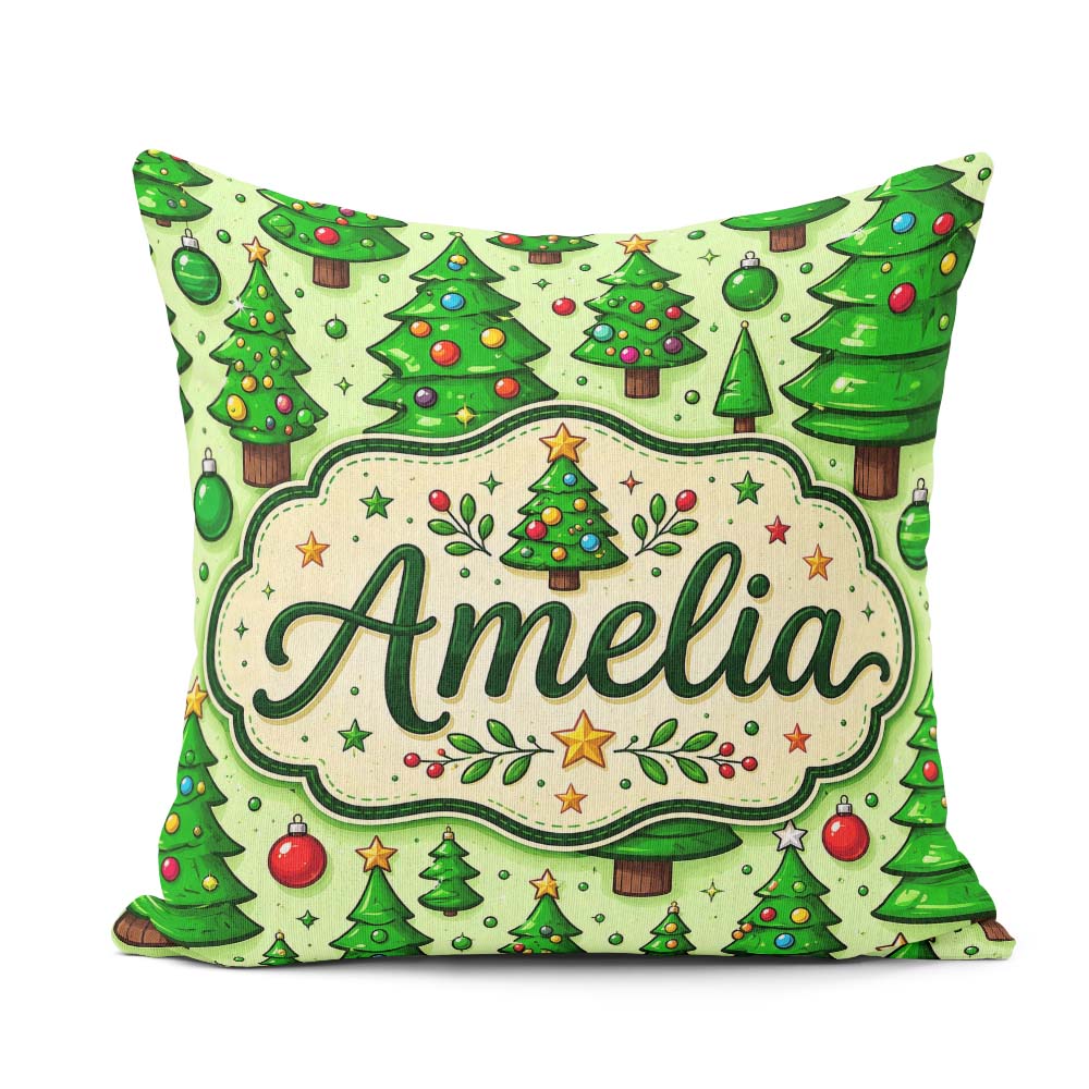 Custom Name Cartoon Christmas Trees Green Ornaments Cute Holiday Square Filled Cushion Throw Pillow Sofa Bed Home Decor Zip Washable UK Made