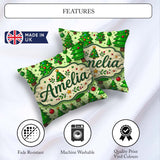Custom Name Cartoon Christmas Trees Green Ornaments Cute Holiday Square Filled Cushion Throw Pillow Sofa Bed Home Decor Zip Washable UK Made
