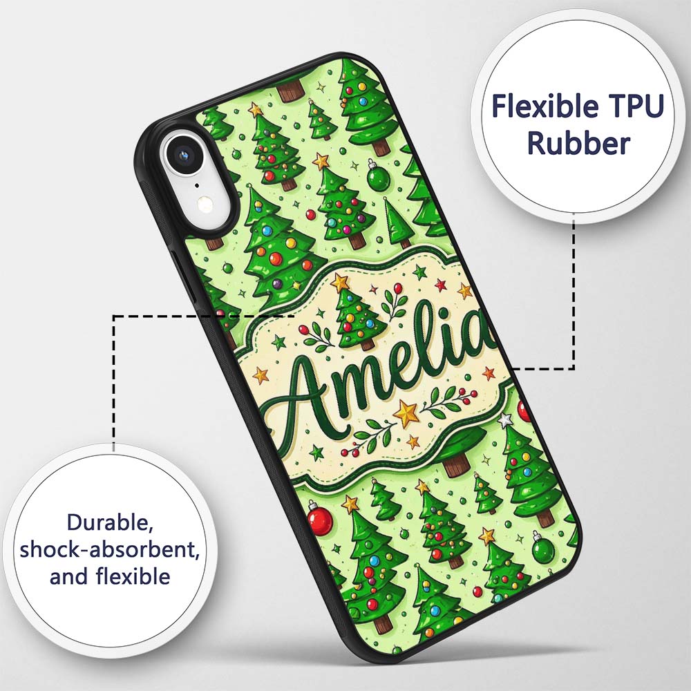 Cartoon Christmas Trees Green Ornaments Cute Custom Name Protective Phone Case Mobile Cover Durable Everyday Smartphone Shock Resistant