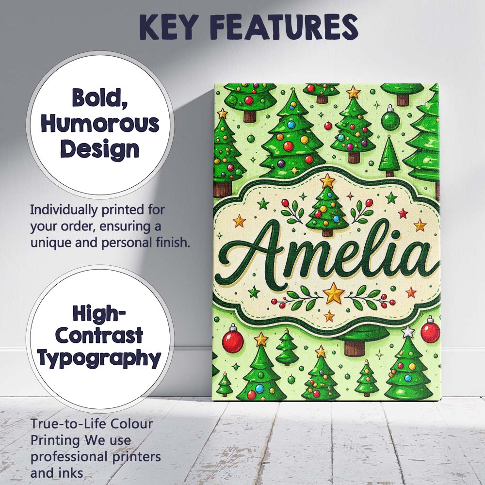 Personalised Name Cartoon Christmas Trees Custom  Unique Gift Idea Elegant Feature Canvas Wall Art Print Decor Picture Ready to Hang