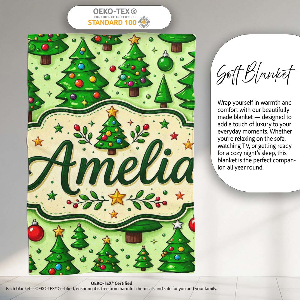 Cartoon Christmas Trees Green Ornaments Cute Holiday Seamless Lovely  Personalised Custom Name Super Soft Fleece Blanket Bed Sofa Throw