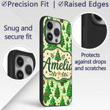 Cartoon Christmas Trees Green Ornaments Cute Custom Name Protective Phone Case Mobile Cover Durable Everyday Smartphone Shock Resistant