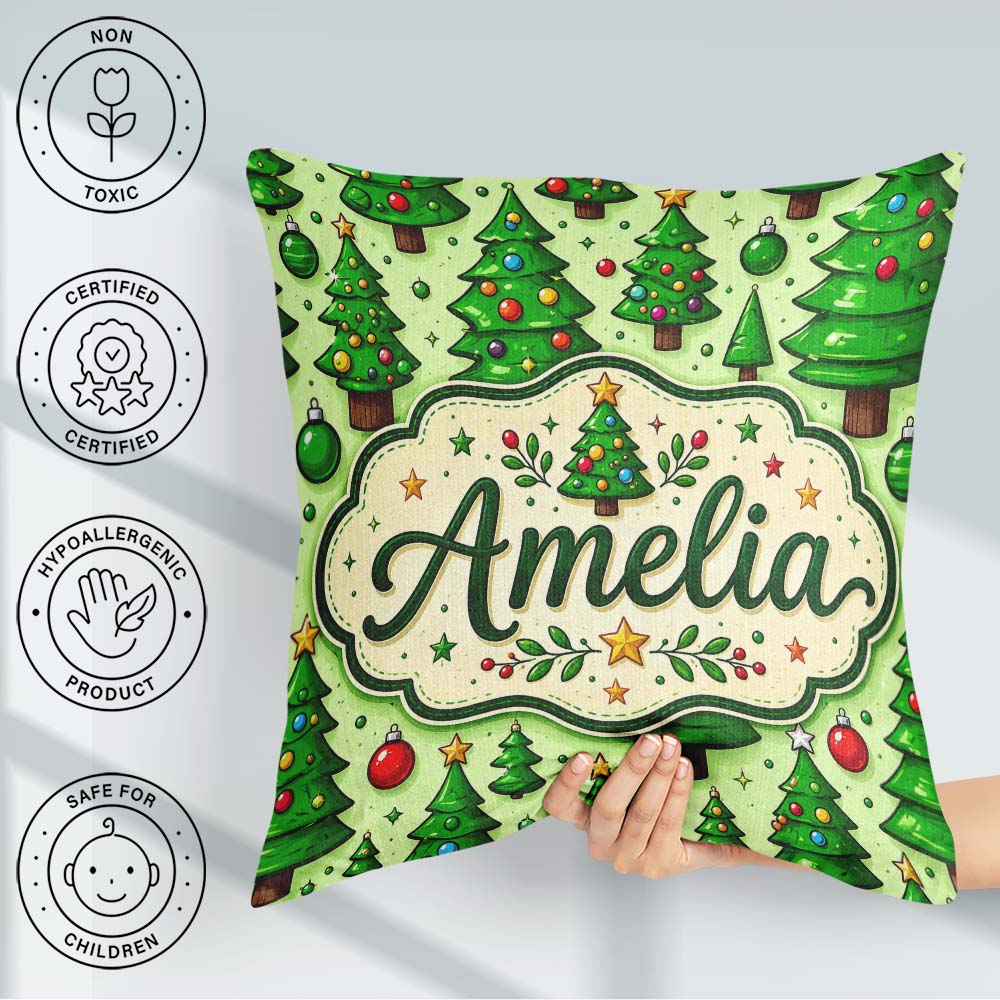 Custom Name Cartoon Christmas Trees Green Ornaments Cute Holiday Square Filled Cushion Throw Pillow Sofa Bed Home Decor Zip Washable UK Made