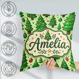 Custom Name Cartoon Christmas Trees Green Ornaments Cute Holiday Square Filled Cushion Throw Pillow Sofa Bed Home Decor Zip Washable UK Made