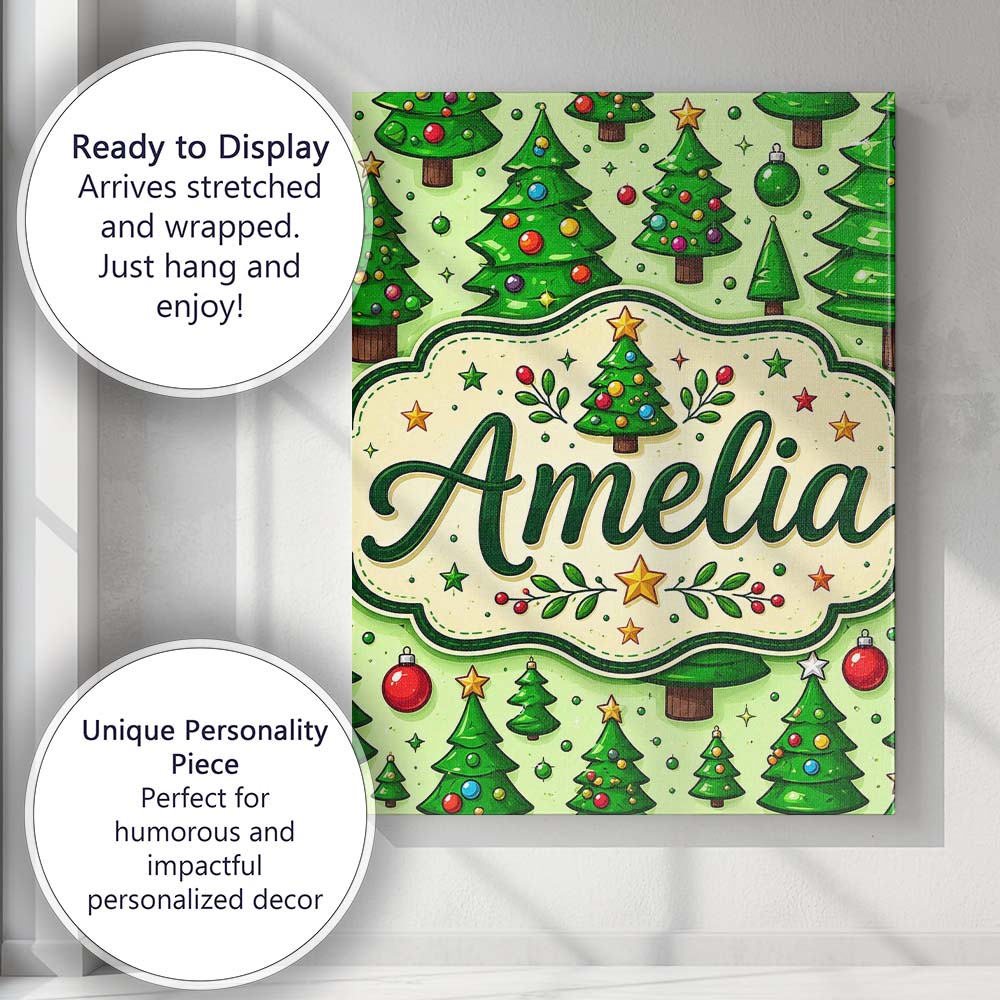 Personalised Name Cartoon Christmas Trees Custom  Unique Gift Idea Elegant Feature Canvas Wall Art Print Decor Picture Ready to Hang