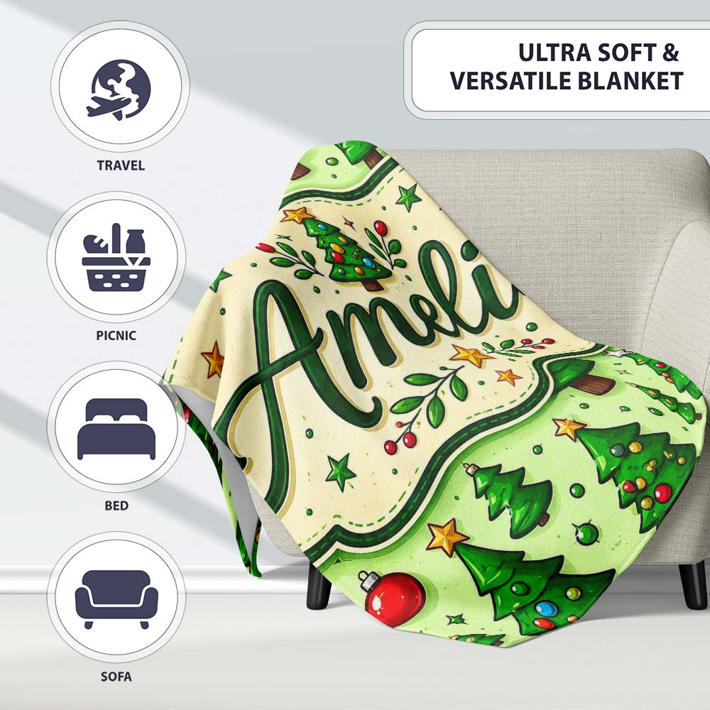 Cartoon Christmas Trees Green Ornaments Cute Holiday Seamless Lovely  Personalised Custom Name Super Soft Fleece Blanket Bed Sofa Throw
