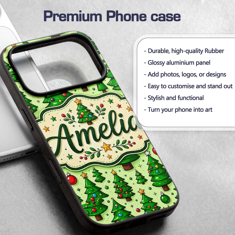 Cartoon Christmas Trees Green Ornaments Cute Custom Name Protective Phone Case Mobile Cover Durable Everyday Smartphone Shock Resistant