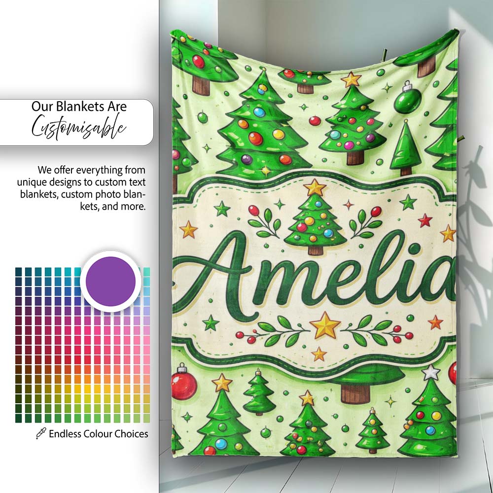 Cartoon Christmas Trees Green Ornaments Cute Holiday Seamless Lovely  Personalised Custom Name Super Soft Fleece Blanket Bed Sofa Throw