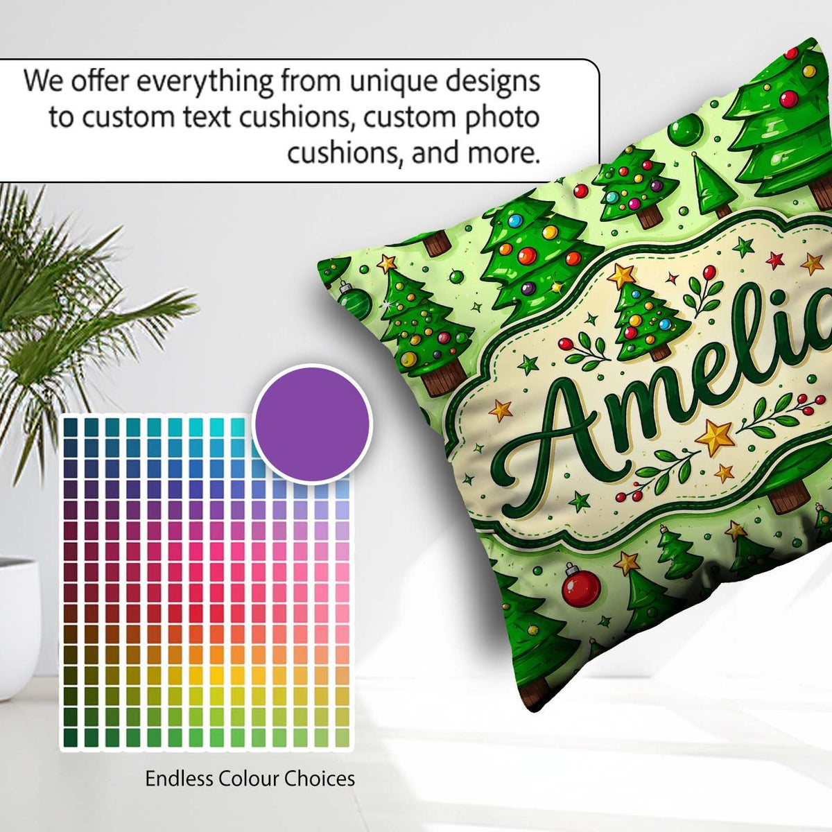 Custom Name Cartoon Christmas Trees Green Ornaments Cute Holiday Square Filled Cushion Throw Pillow Sofa Bed Home Decor Zip Washable UK Made