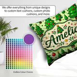 Custom Name Cartoon Christmas Trees Green Ornaments Cute Holiday Square Filled Cushion Throw Pillow Sofa Bed Home Decor Zip Washable UK Made