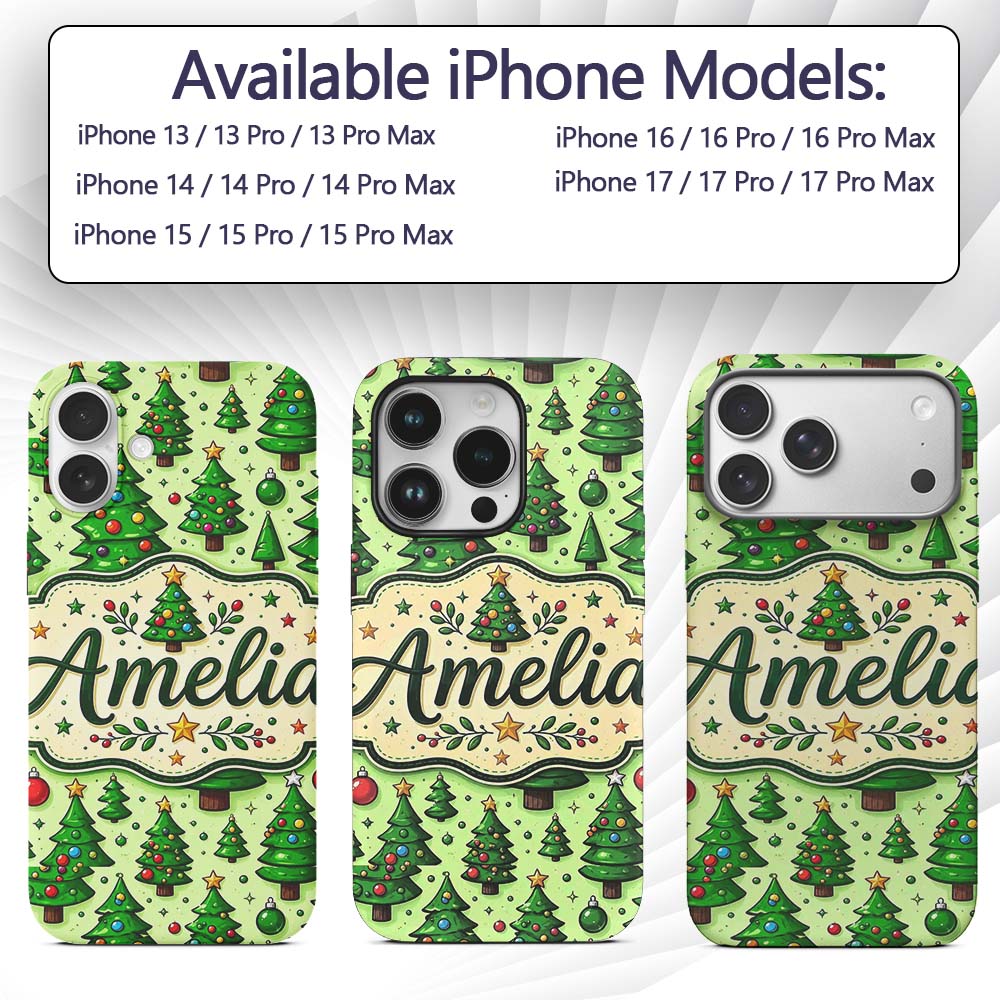 Cartoon Christmas Trees Green Ornaments Cute Custom Name Protective Phone Case Mobile Cover Durable Everyday Smartphone Shock Resistant