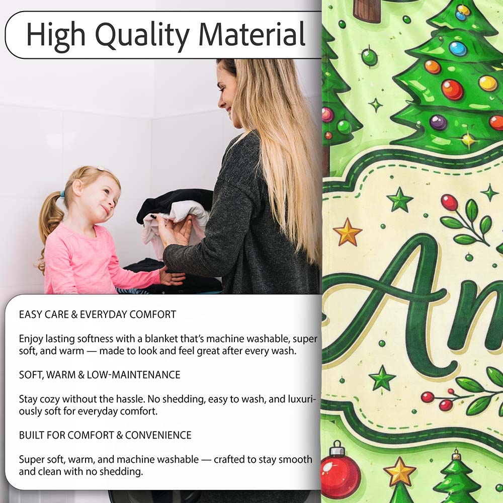 Cartoon Christmas Trees Green Ornaments Cute Holiday Seamless Lovely  Personalised Custom Name Super Soft Fleece Blanket Bed Sofa Throw
