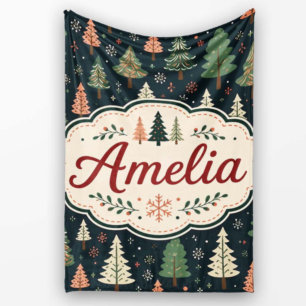 Scandi Forest Christmas Trees Pastel Green Pink Snowflakes Seamless  Personalised Custom Name Super Soft Fleece Blanket Bed Sofa Throw