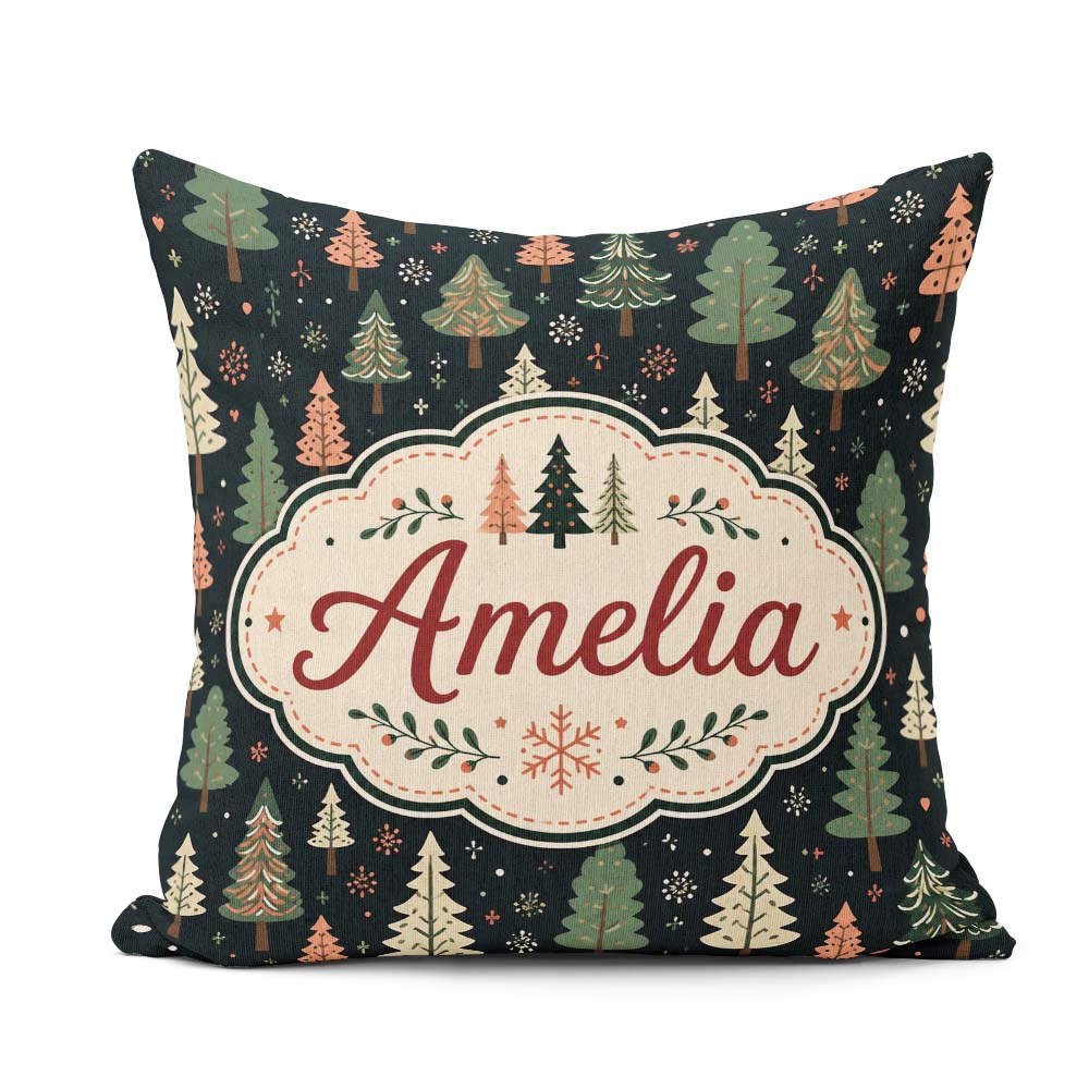 Custom Name Scandi Forest Christmas Trees Pastel Pink Snowflakes Square Filled Cushion Throw Pillow Sofa Bed Home Decor Zip Washable UK Made