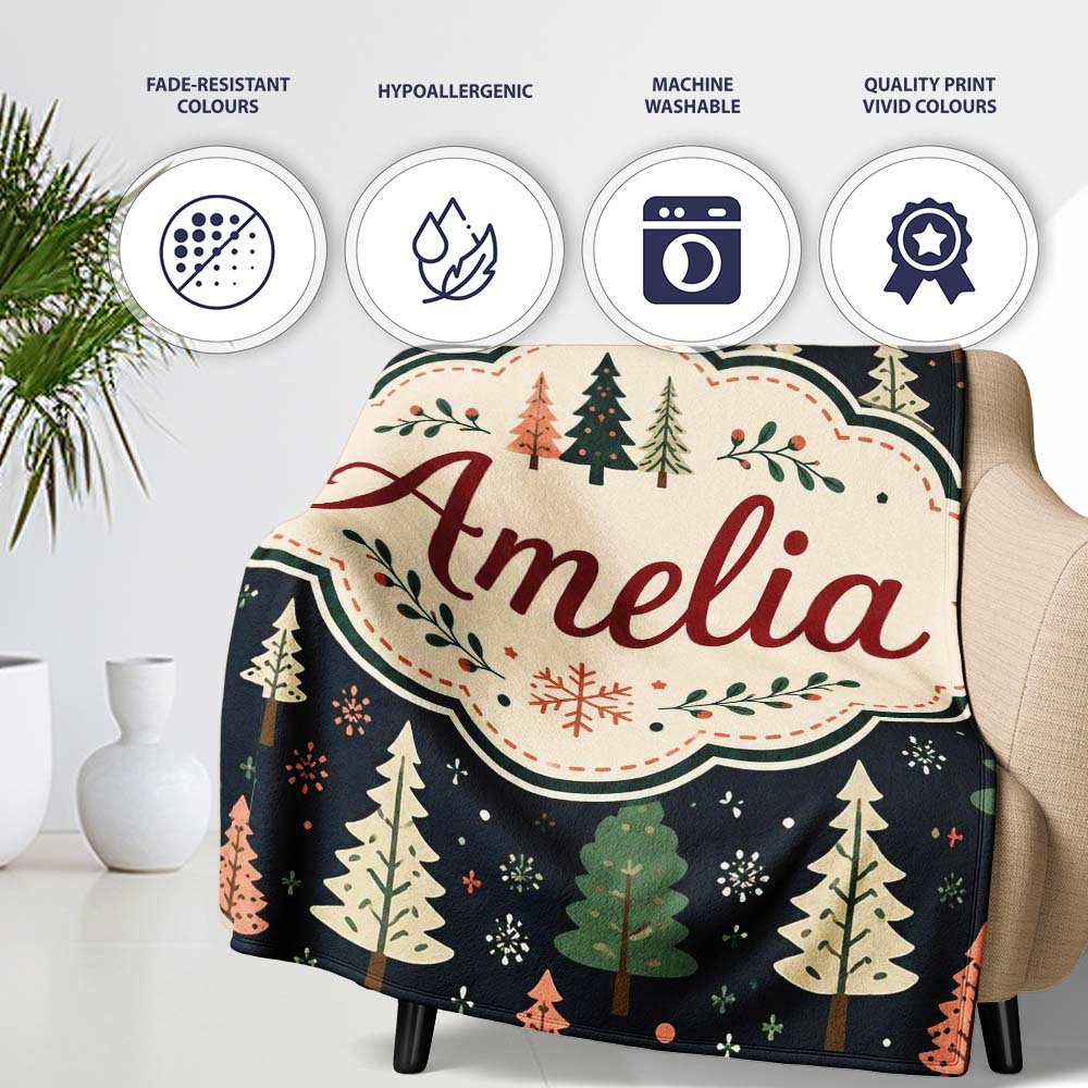 Scandi Forest Christmas Trees Pastel Green Pink Snowflakes Seamless  Personalised Custom Name Super Soft Fleece Blanket Bed Sofa Throw