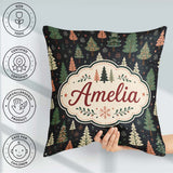 Custom Name Scandi Forest Christmas Trees Pastel Pink Snowflakes Square Filled Cushion Throw Pillow Sofa Bed Home Decor Zip Washable UK Made