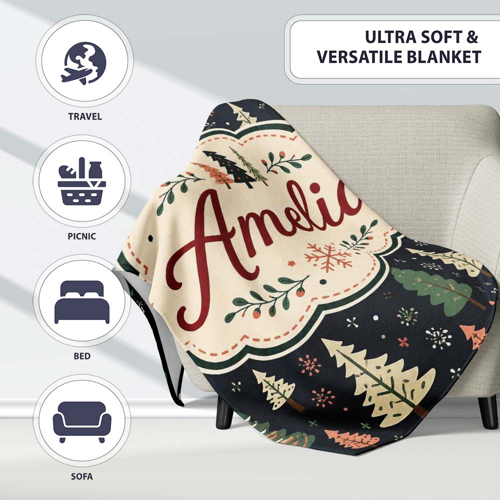 Scandi Forest Christmas Trees Pastel Green Pink Snowflakes Seamless  Personalised Custom Name Super Soft Fleece Blanket Bed Sofa Throw