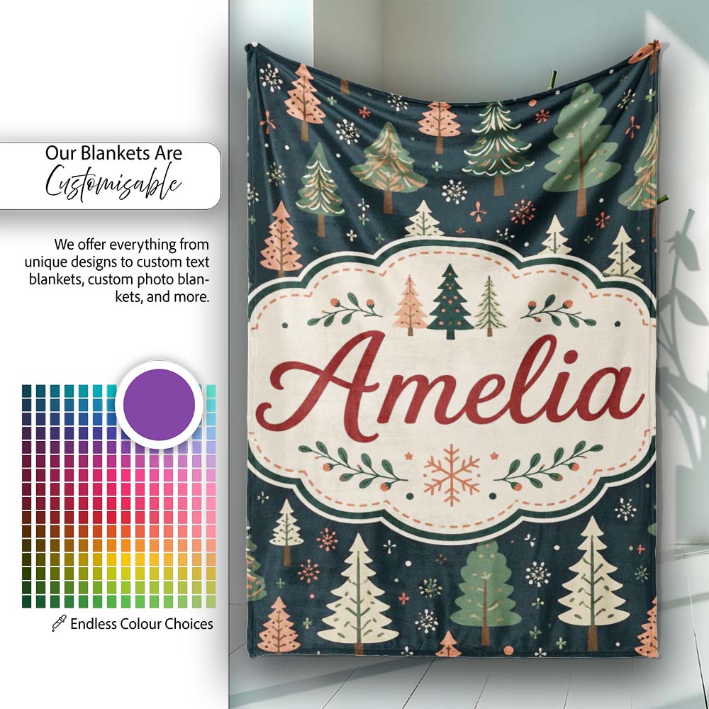 Scandi Forest Christmas Trees Pastel Green Pink Snowflakes Seamless  Personalised Custom Name Super Soft Fleece Blanket Bed Sofa Throw