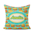 Custom Name Burger Cartoon Seamless Pattern Blue Background Food Square Filled Cushion Throw Pillow Sofa Bed Home Decor Zip Washable UK Made