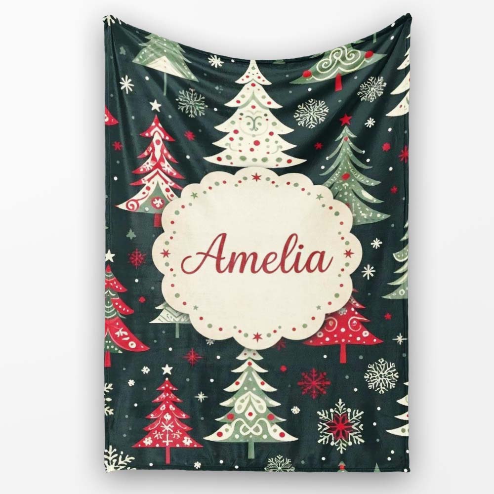 Nordic Christmas Trees Red White Green Snowflakes Festive Seamless  Personalised Custom Name Super Soft Fleece Blanket Bed Sofa Throw