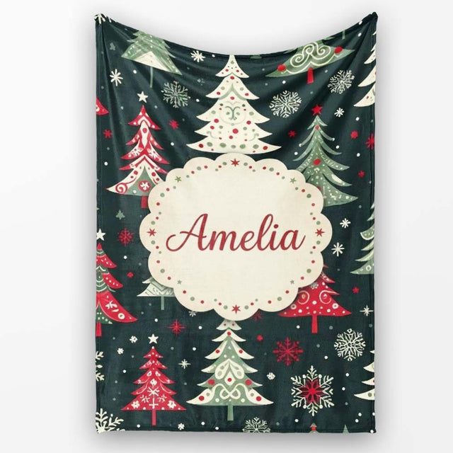 Nordic Christmas Trees Red White Green Snowflakes Festive Seamless  Personalised Custom Name Super Soft Fleece Blanket Bed Sofa Throw