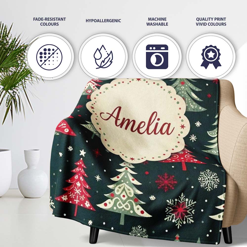 Nordic Christmas Trees Red White Green Snowflakes Festive Seamless  Personalised Custom Name Super Soft Fleece Blanket Bed Sofa Throw