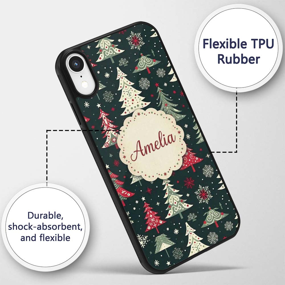 Nordic Christmas Trees Red White Green Snowflakes Custom Name Protective Phone Case Mobile Cover Durable Everyday Smartphone Shock Resistant
