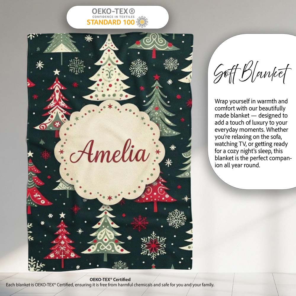 Nordic Christmas Trees Red White Green Snowflakes Festive Seamless  Personalised Custom Name Super Soft Fleece Blanket Bed Sofa Throw