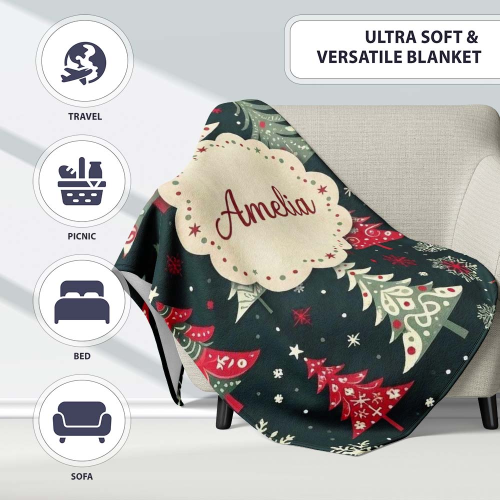 Nordic Christmas Trees Red White Green Snowflakes Festive Seamless  Personalised Custom Name Super Soft Fleece Blanket Bed Sofa Throw