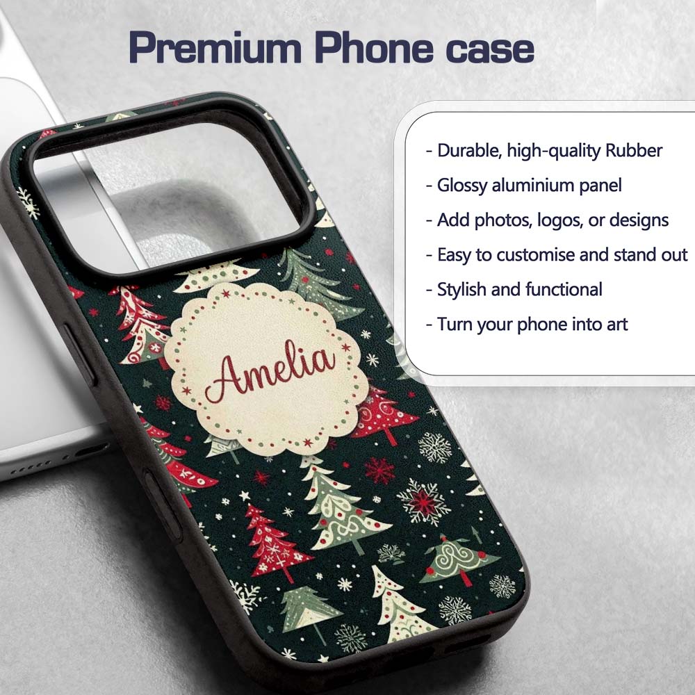 Nordic Christmas Trees Red White Green Snowflakes Custom Name Protective Phone Case Mobile Cover Durable Everyday Smartphone Shock Resistant