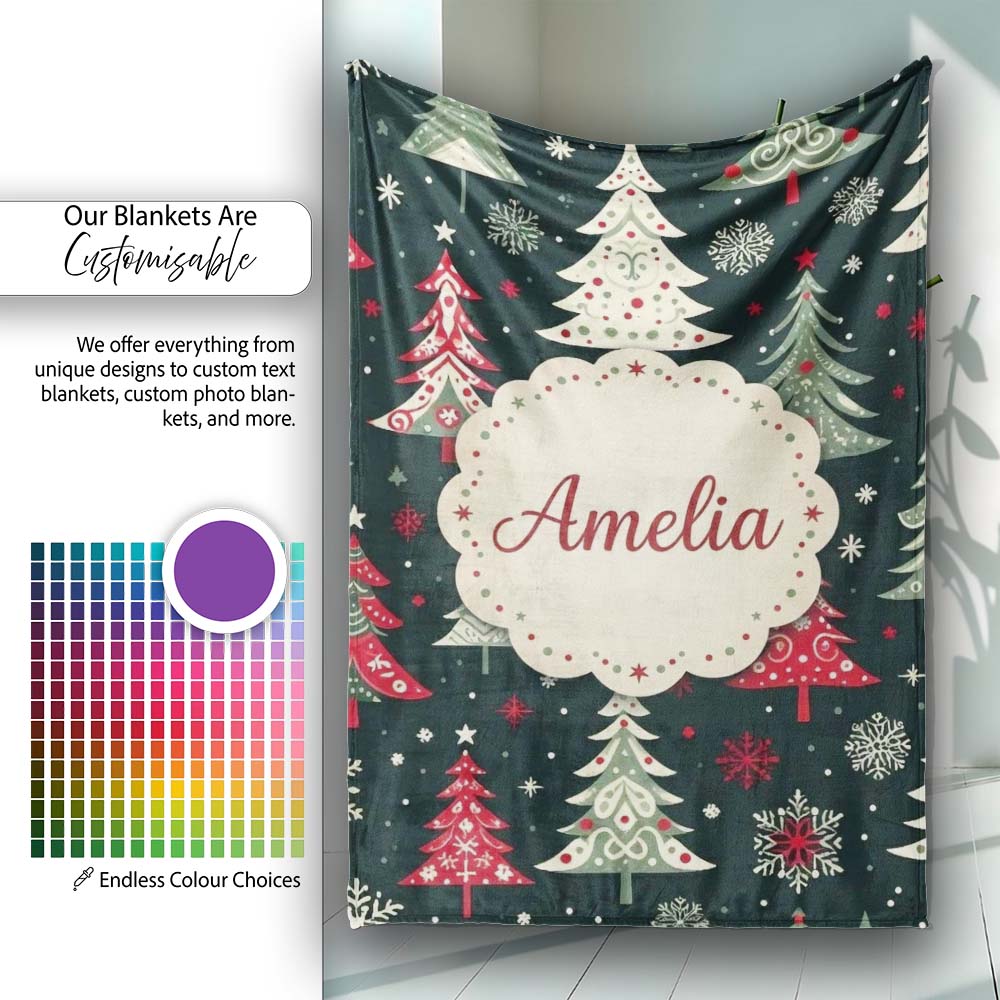 Nordic Christmas Trees Red White Green Snowflakes Festive Seamless  Personalised Custom Name Super Soft Fleece Blanket Bed Sofa Throw