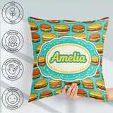 Custom Name Burger Cartoon Seamless Pattern Blue Background Food Square Filled Cushion Throw Pillow Sofa Bed Home Decor Zip Washable UK Made