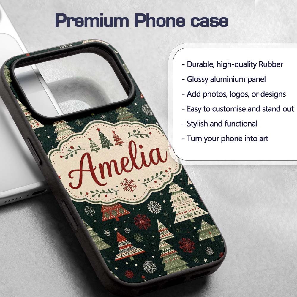 Scandi Christmas Trees Snowflakes Red Green Dark Custom Name Protective Phone Case Mobile Cover Durable Everyday Smartphone Shock Resistant