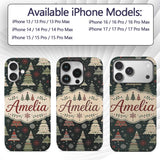 Scandi Christmas Trees Snowflakes Red Green Dark Custom Name Protective Phone Case Mobile Cover Durable Everyday Smartphone Shock Resistant