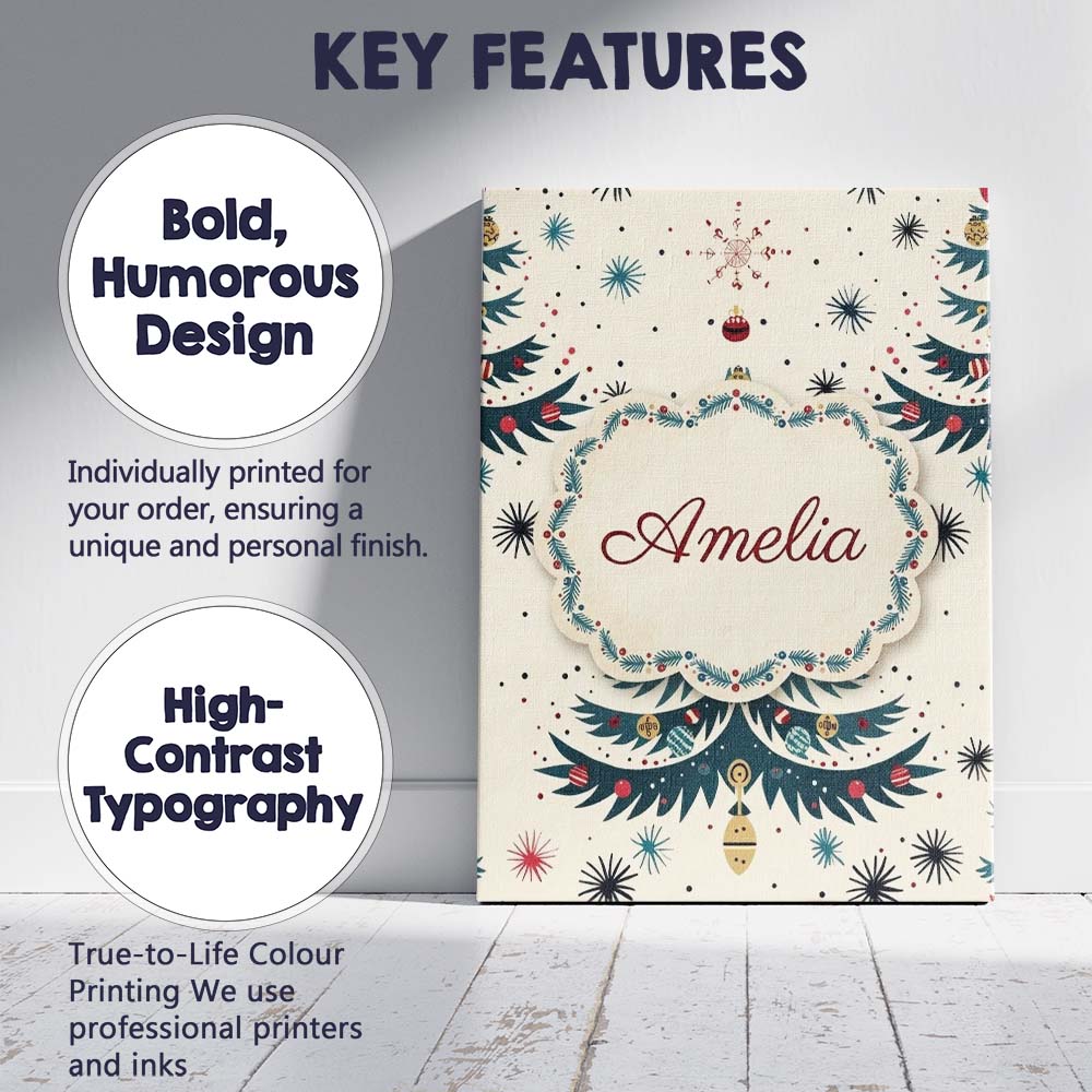 Personalised Name Mid Century Christmas Custom  Modern Room Accent Elegant Feature Canvas Wall Art Print Decor Picture Ready to Hang