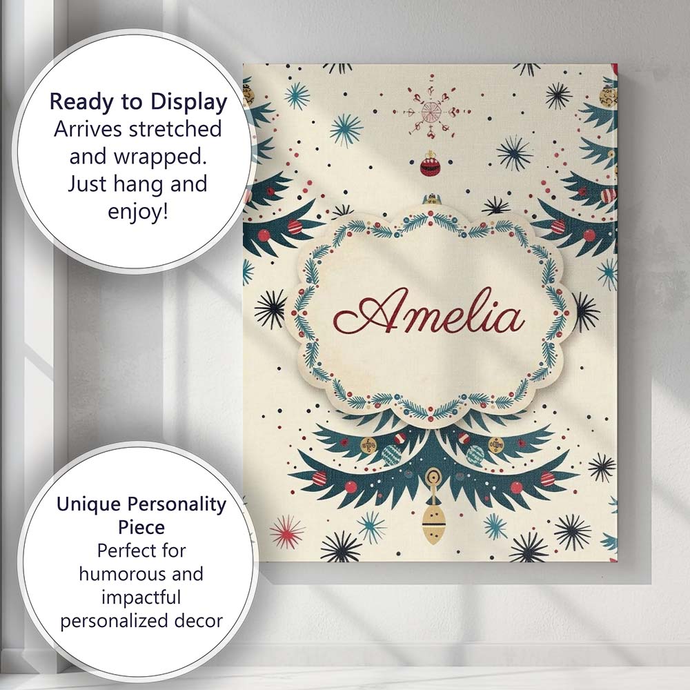 Personalised Name Mid Century Christmas Custom  Modern Room Accent Elegant Feature Canvas Wall Art Print Decor Picture Ready to Hang