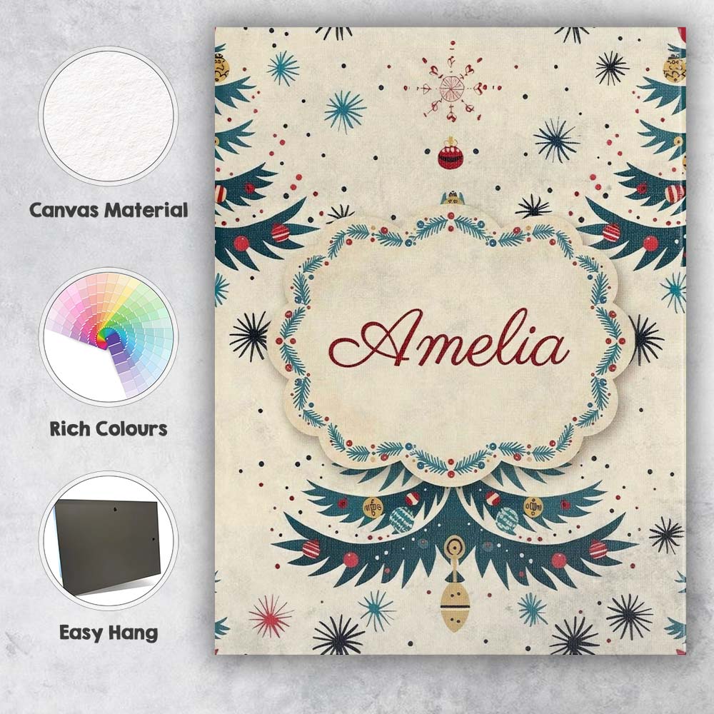 Personalised Name Mid Century Christmas Custom  Modern Room Accent Elegant Feature Canvas Wall Art Print Decor Picture Ready to Hang