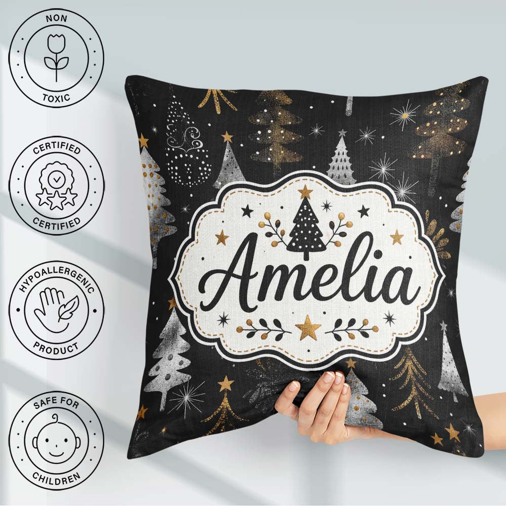 Custom Name Luxury Christmas Trees Black Silver Glitter Seamless Square Filled Cushion Throw Pillow Sofa Bed Home Decor Zip Washable UK Made